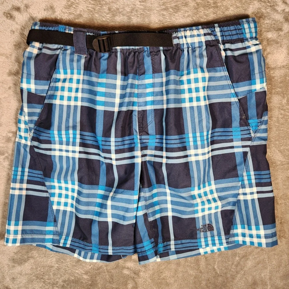 The North Face Swim Trunks Men's Large 36X8 Blue Plaid Board Shorts Pockets